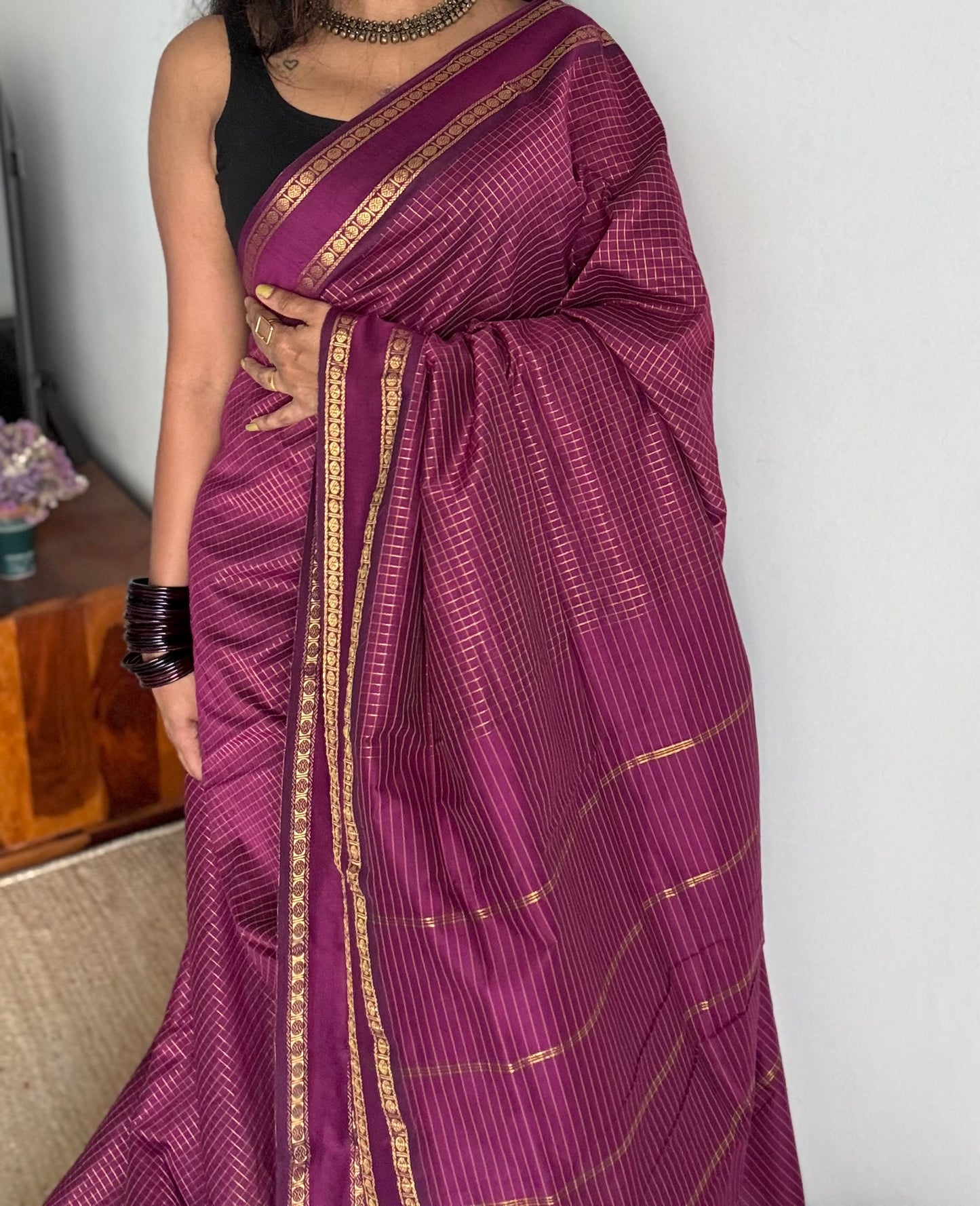 Wine, arani zari checks saree, cotton silk - YCCOTNARFE51