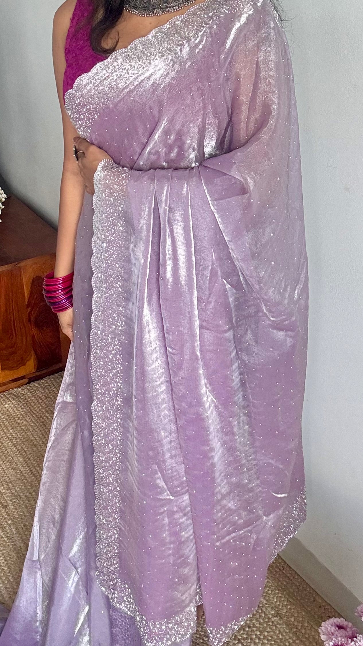 Lavender Drip - lavender metallic dual tone space silk, jarkhan stone work - YCDOSNO40