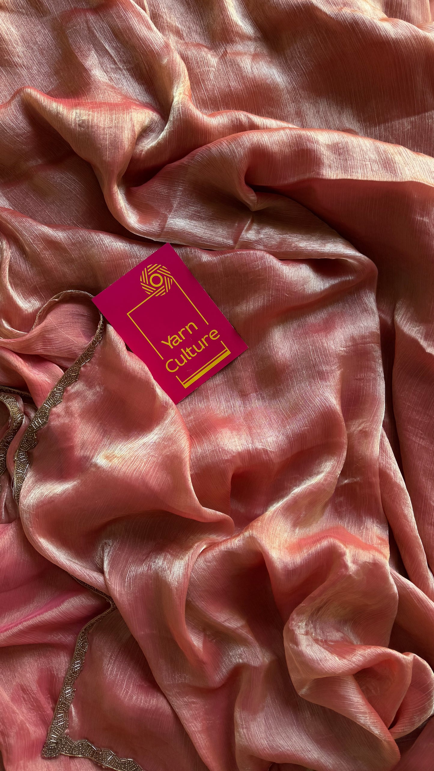 Peach Affair - peach pink hues, metallic dual tone space silk, embellished border - YCDOSDE60