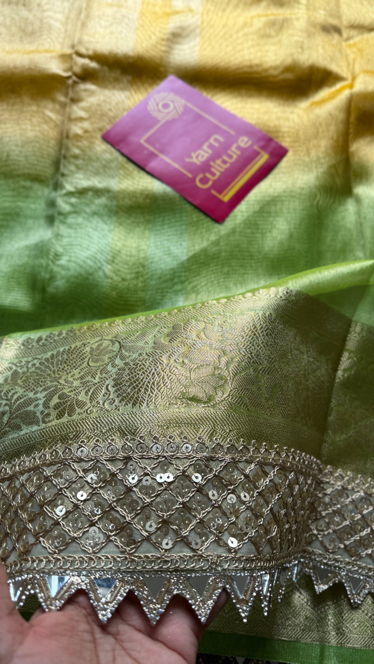 Pastel pink, green and yellow tissue Banarasi saree with embellished mirror border - YCBLTOC73