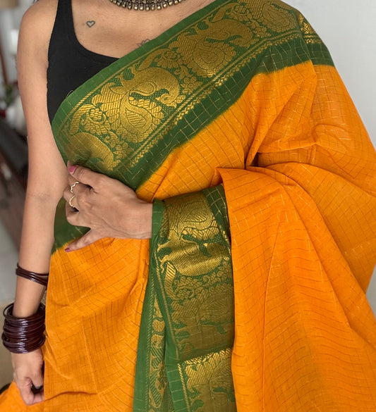 Mango yellow with green contrast zari checkered sungudi, kattuchayam dyed madurai cotton - YCCOTNMSAP181