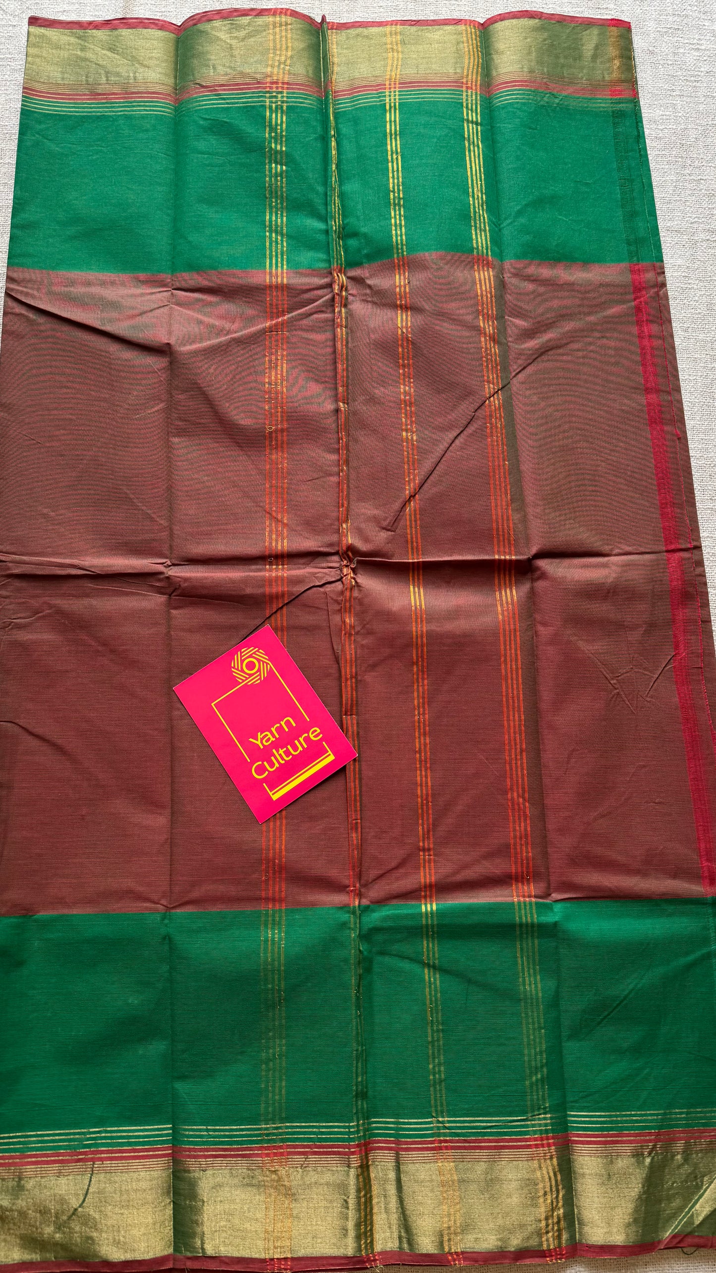Light brown and green Chettinad cotton saree with antique gold zari border - YCCOTNCCFE155