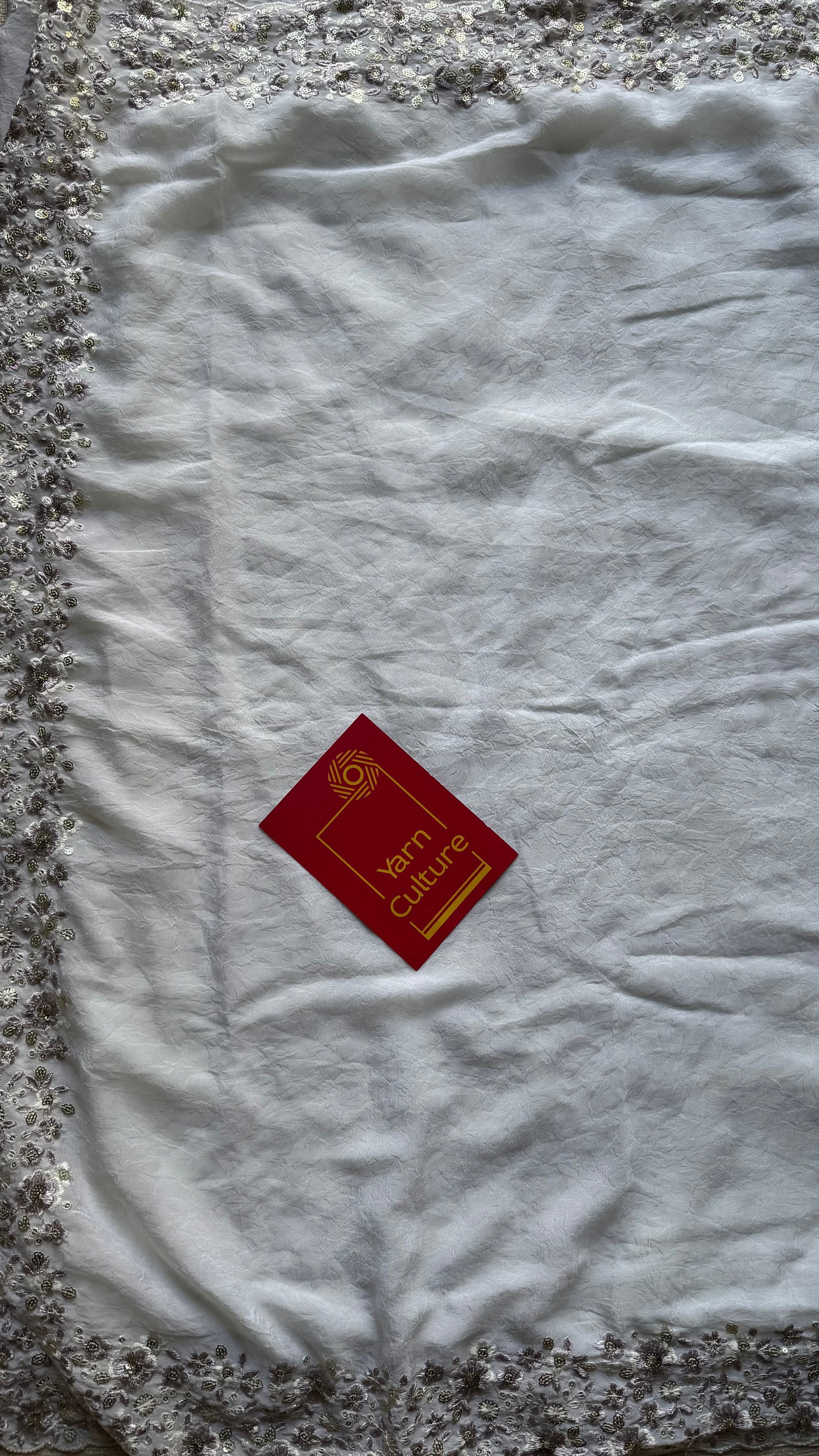 White Whimsy - white with floral sequins embroidered borders, semi-crepe- YCDOSNO48