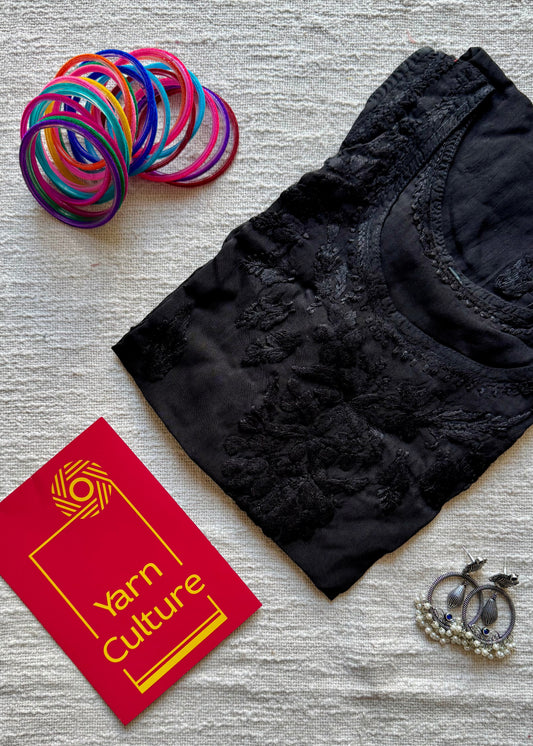 Black muslin chikankari with bakhiya work, stitched kurta, round neck, sleeveless - YCSECKJA165