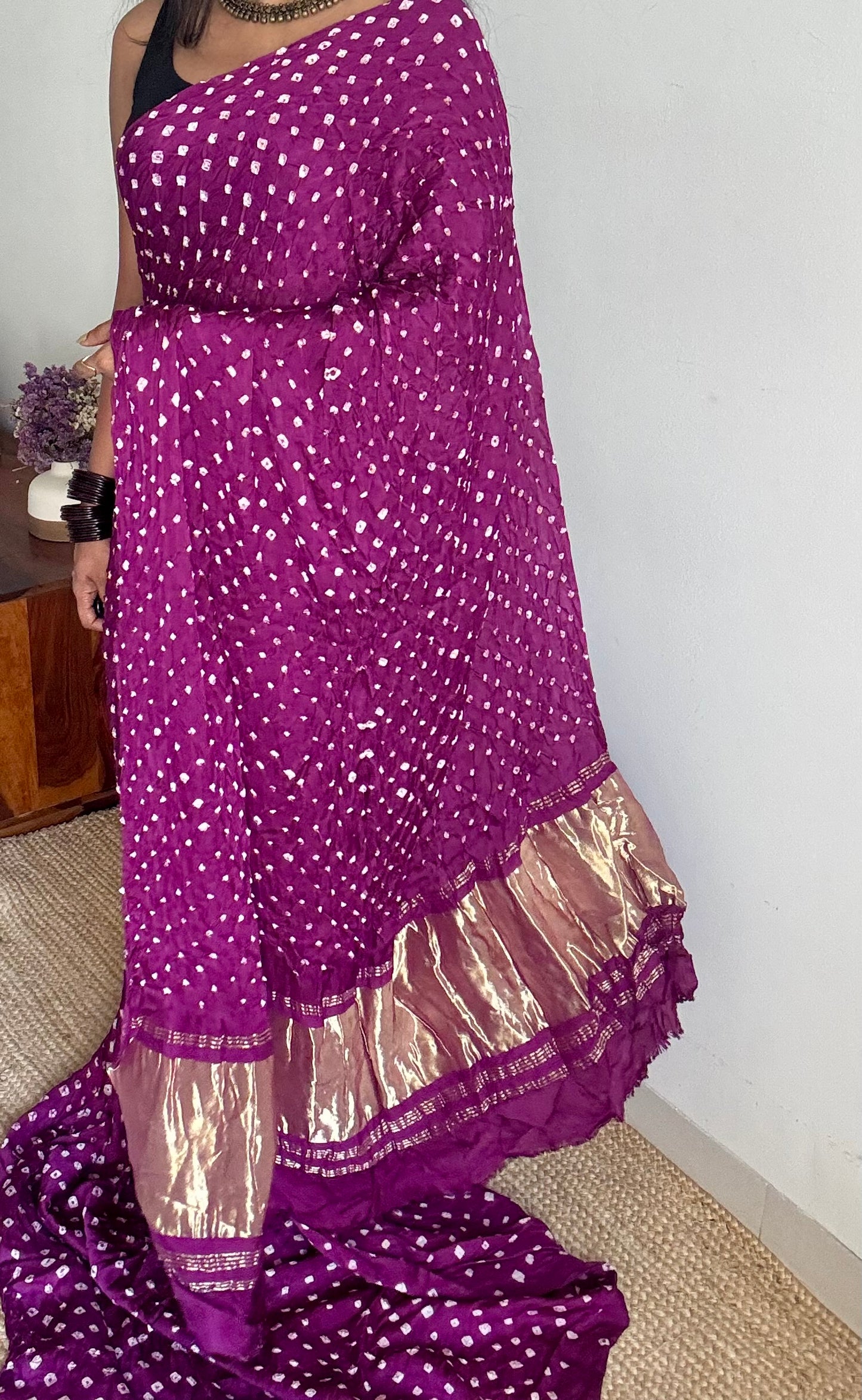 Purple pink (vadamalli) crushed bandhej pure modal silk saree with lagdi patta zari pallu - YCTOKBM329