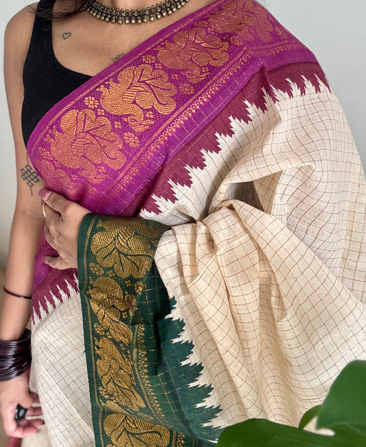 Sungudi cotton checks, ivory gold base, magenta and dark green dual tone border, soft cotton - YCCOTNMSJUL07