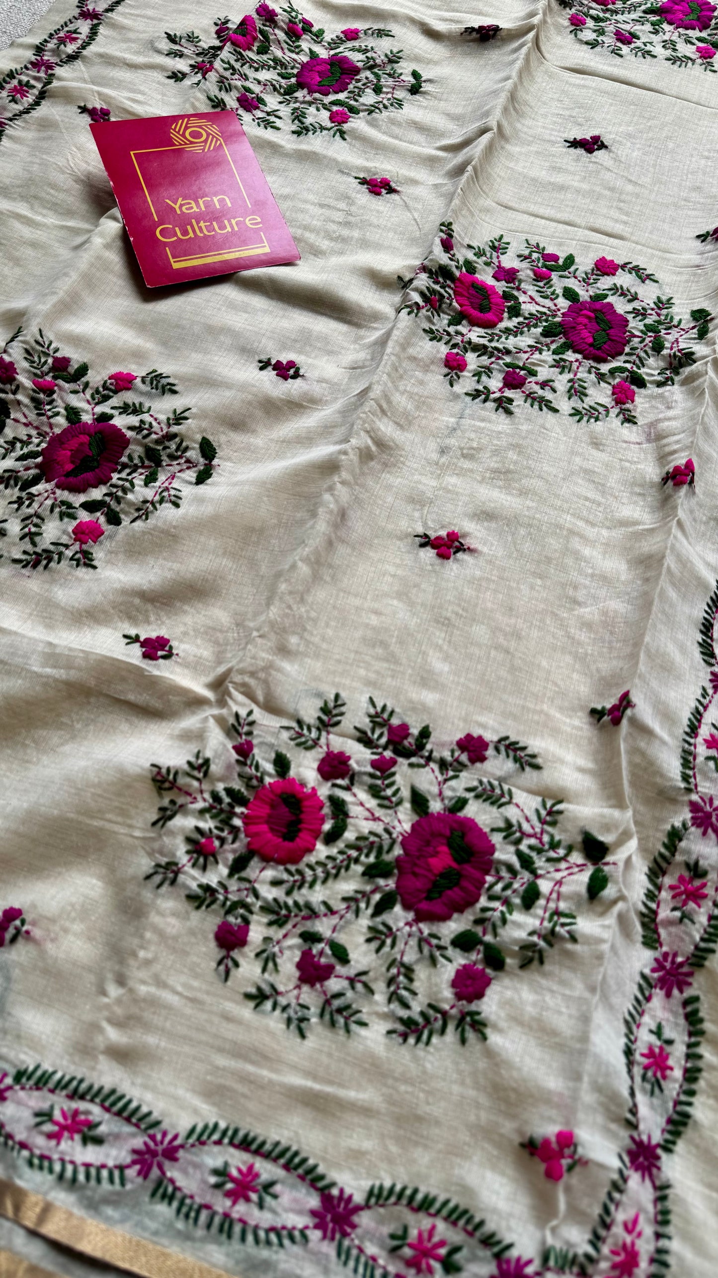 Ivory maheshwari cotton silk blend with purple and magenta floral kantha threadwork - YCBLAUMK08
