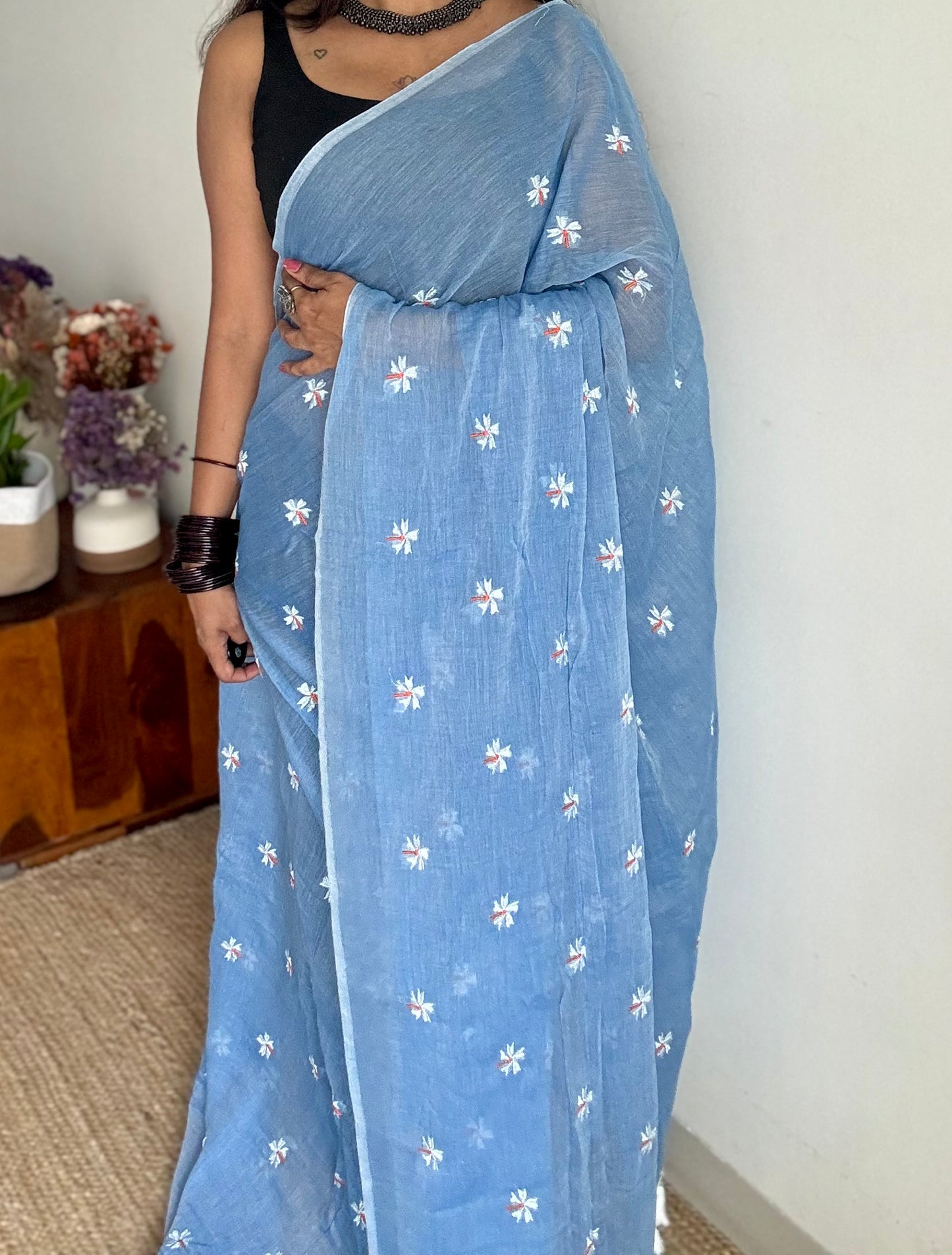 Soft blue parijat mul cotton saree  - YCBCMCAP30