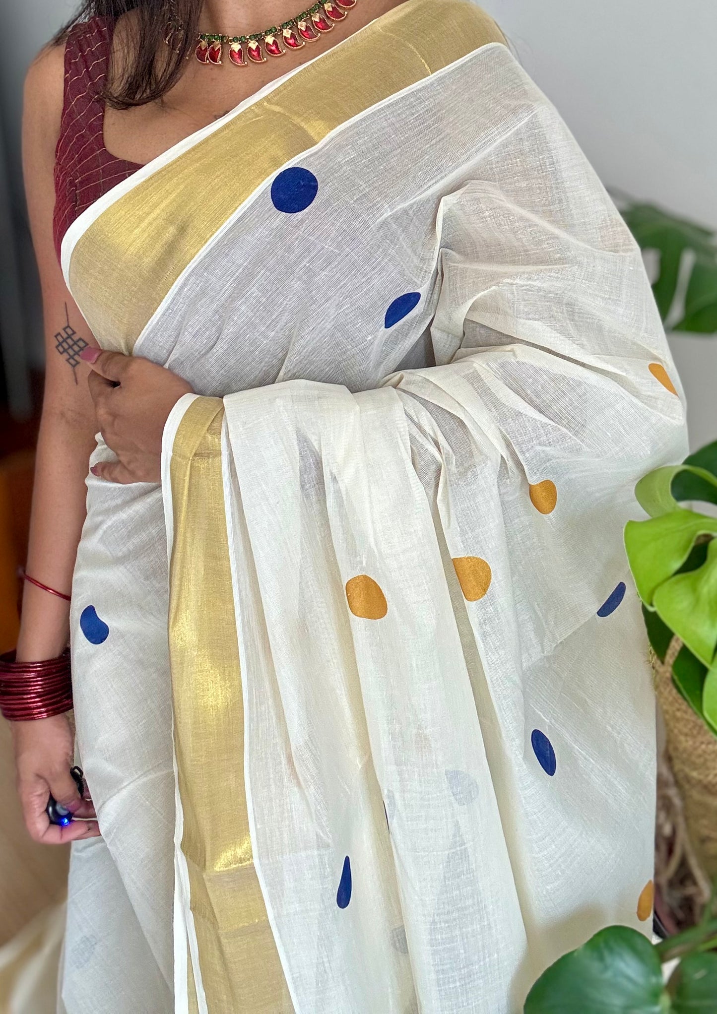 Ivory and gold soft cotton kasavu saree, navy blue and yellow polka - YCIEON73