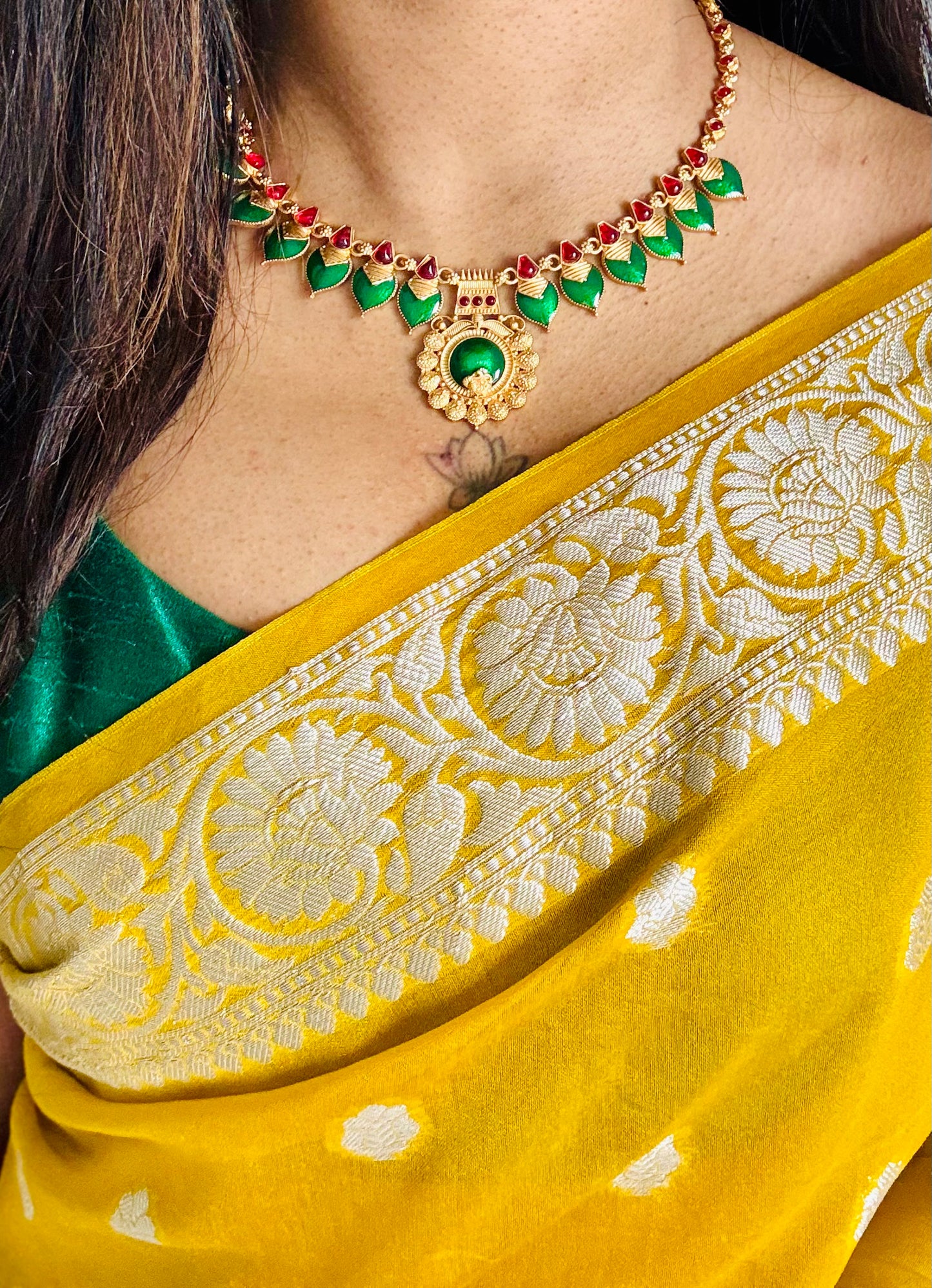 Green palakka pendant neckpiece, with earrings - YCGPNP631