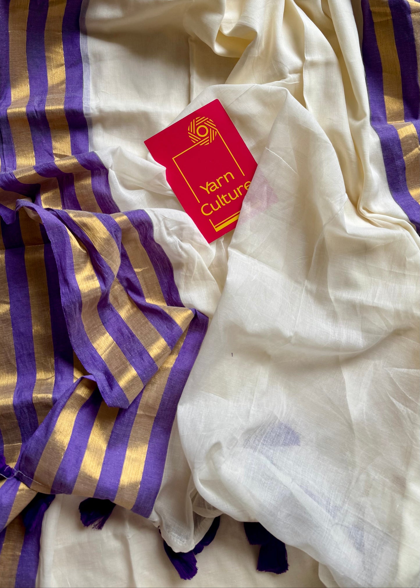 Ivory mul saree, purple striped border - YCIEON40