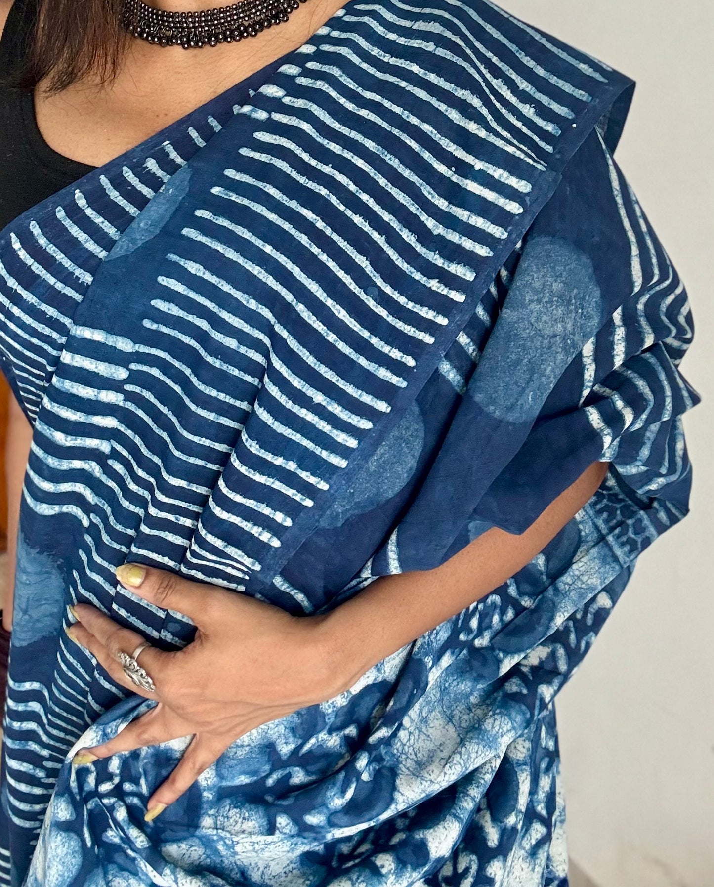 Indigo with circle and line motifs, block printed soft cotton saree - YCTORCMA24