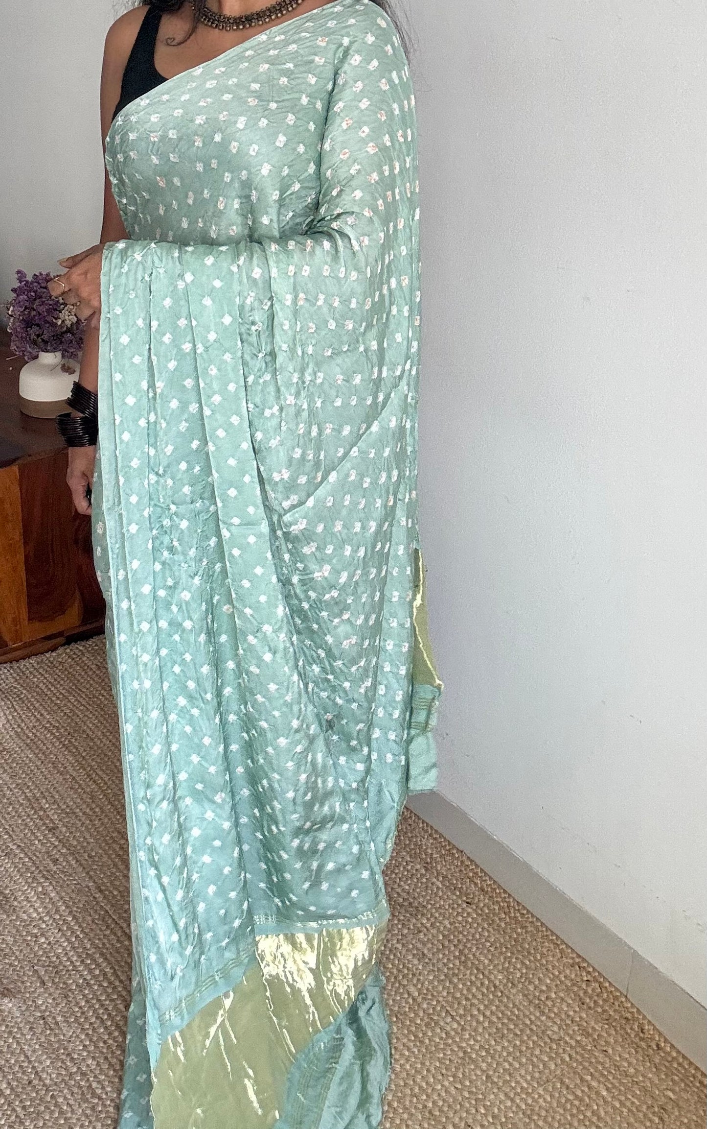 Pastel mint blue, crushed bandhej pure modal silk saree with lagdi patta zari pallu - YCTOKBM333