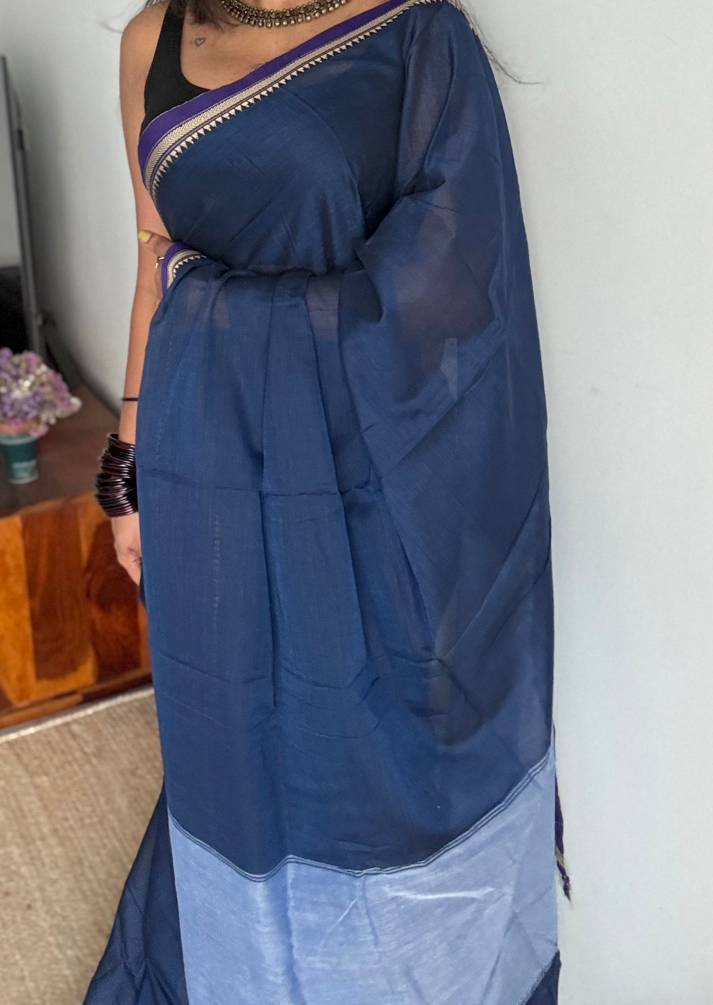 Navy blue with purple border narayanpet saree, soft cotton - YCWOTDNPFE35