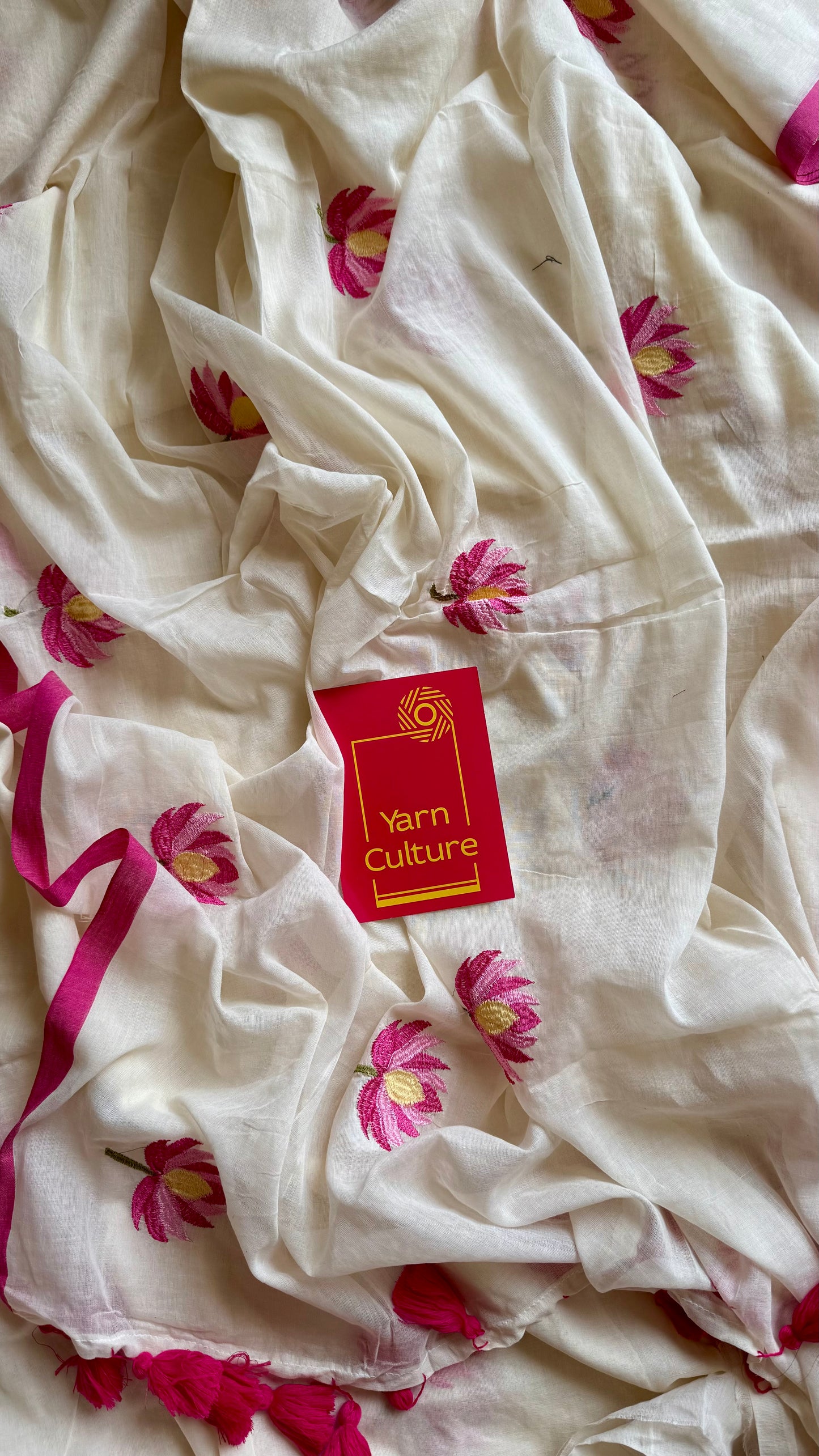 Ivory mul saree, with pink lotus embroidery - YCIEON03