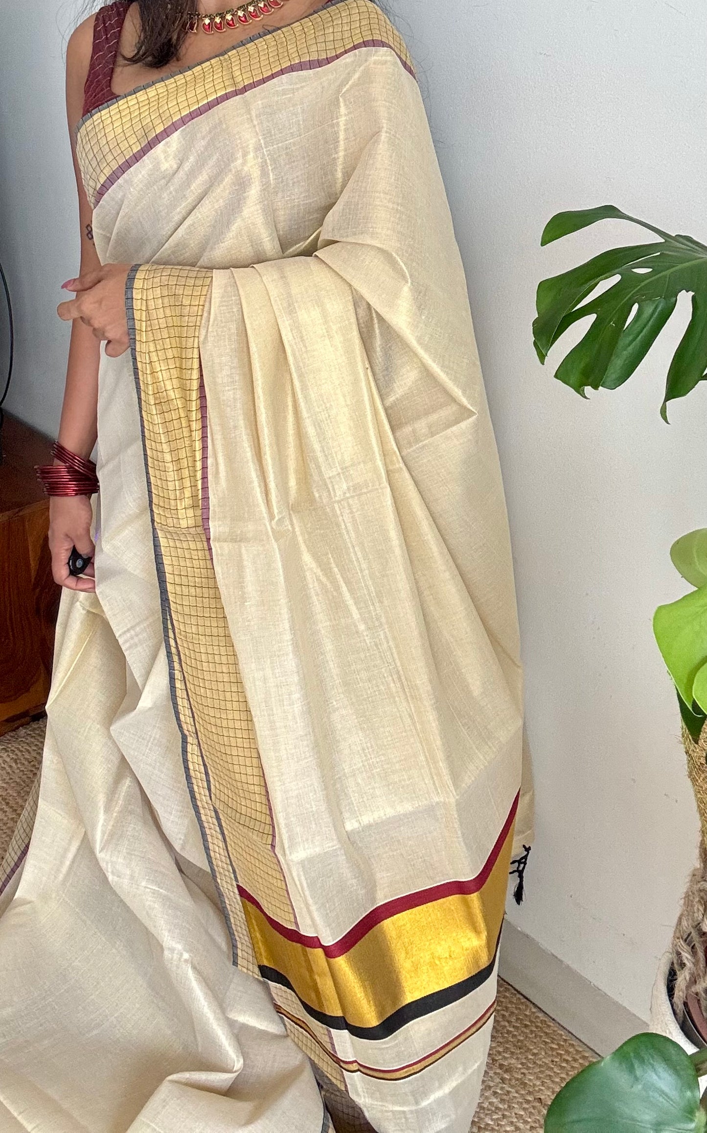 Ivory and gold soft tissue cotton saree, black and red, checkered border - YCIEON78
