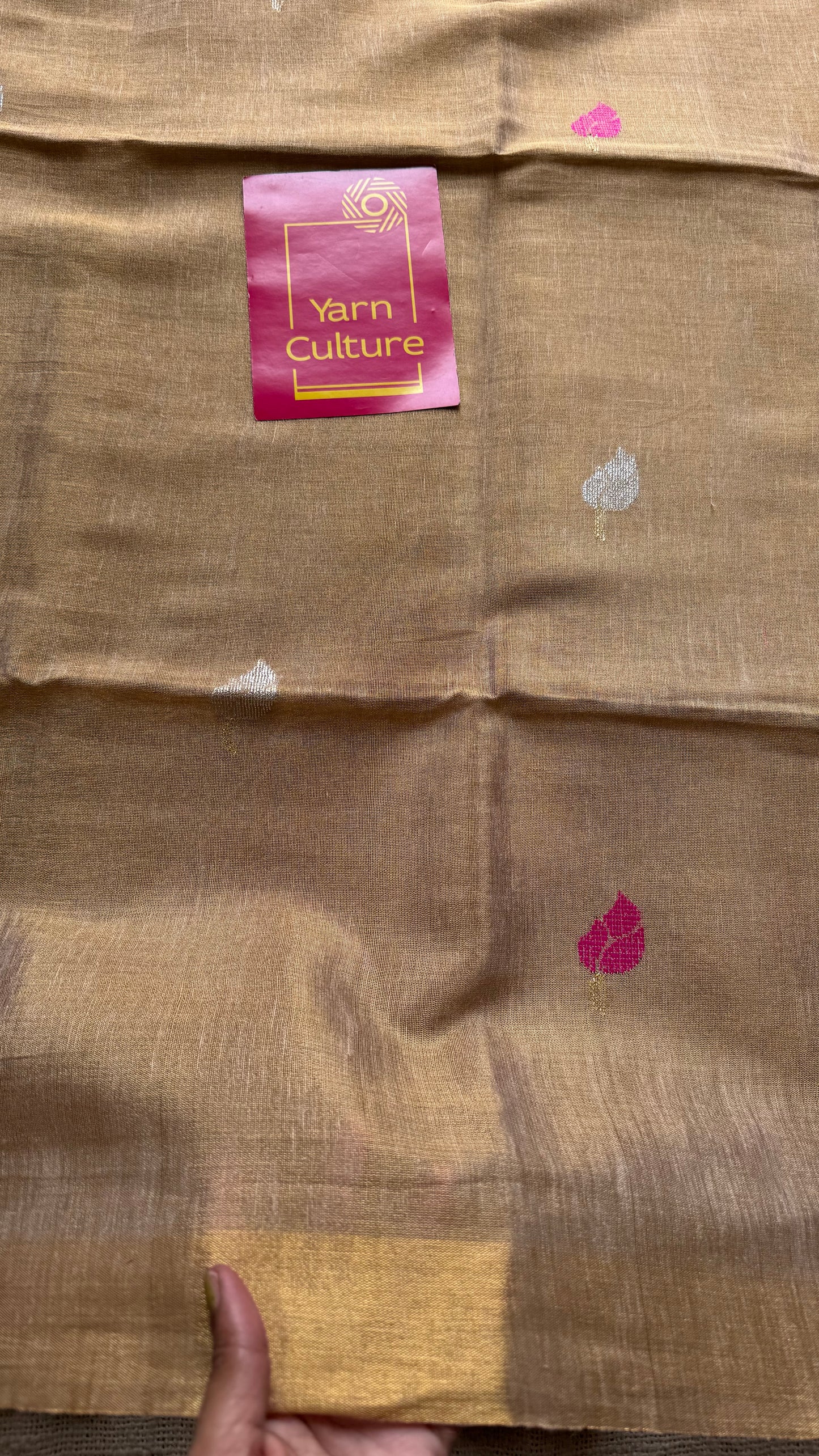 Handwoven ivory gold dual tone tissue linen saree with lotus motifs - YCBCLTFE400
