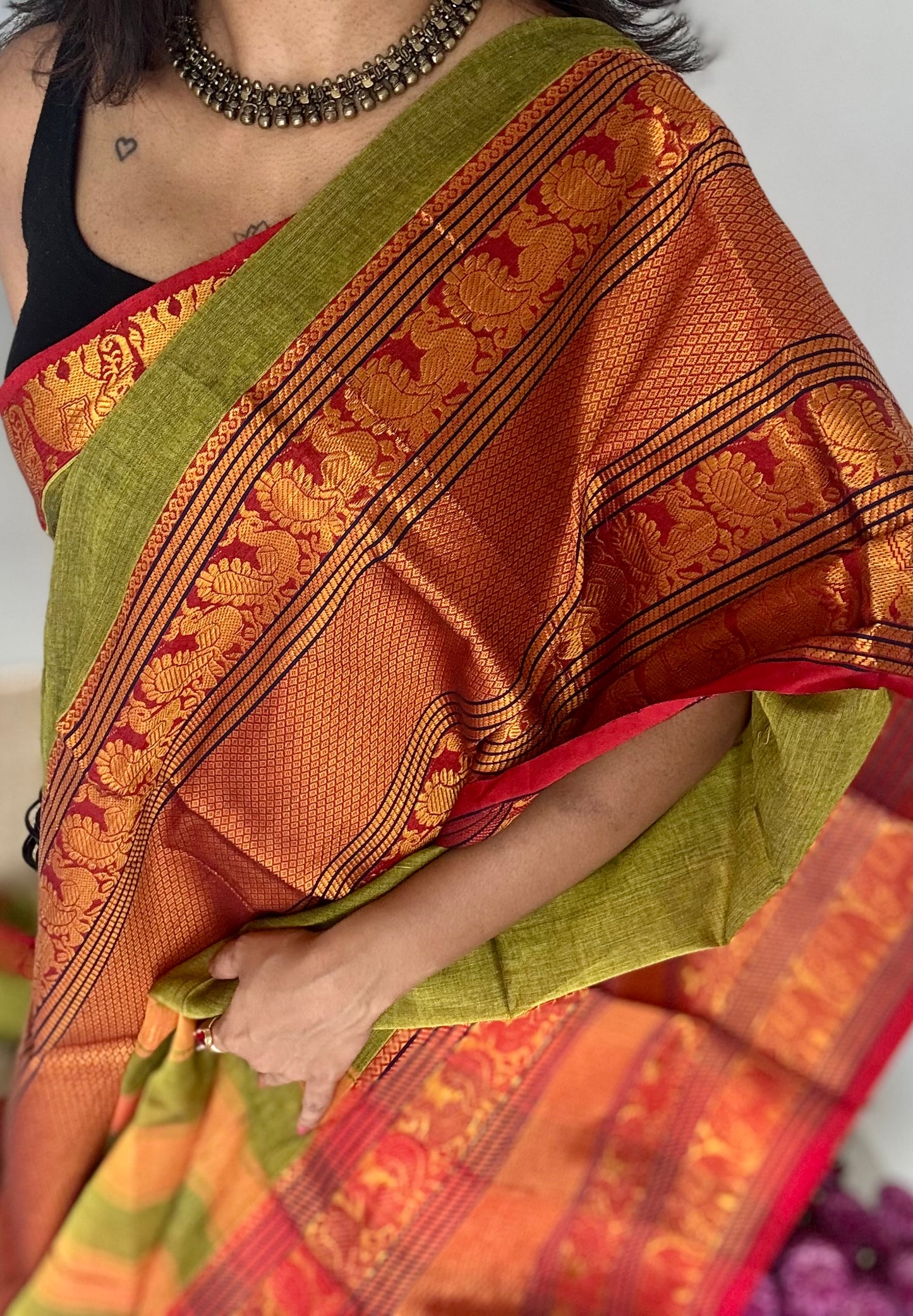 Parrot green with broad zari border, premium narayanpet, soft cotton - YCWOTDFEBB05