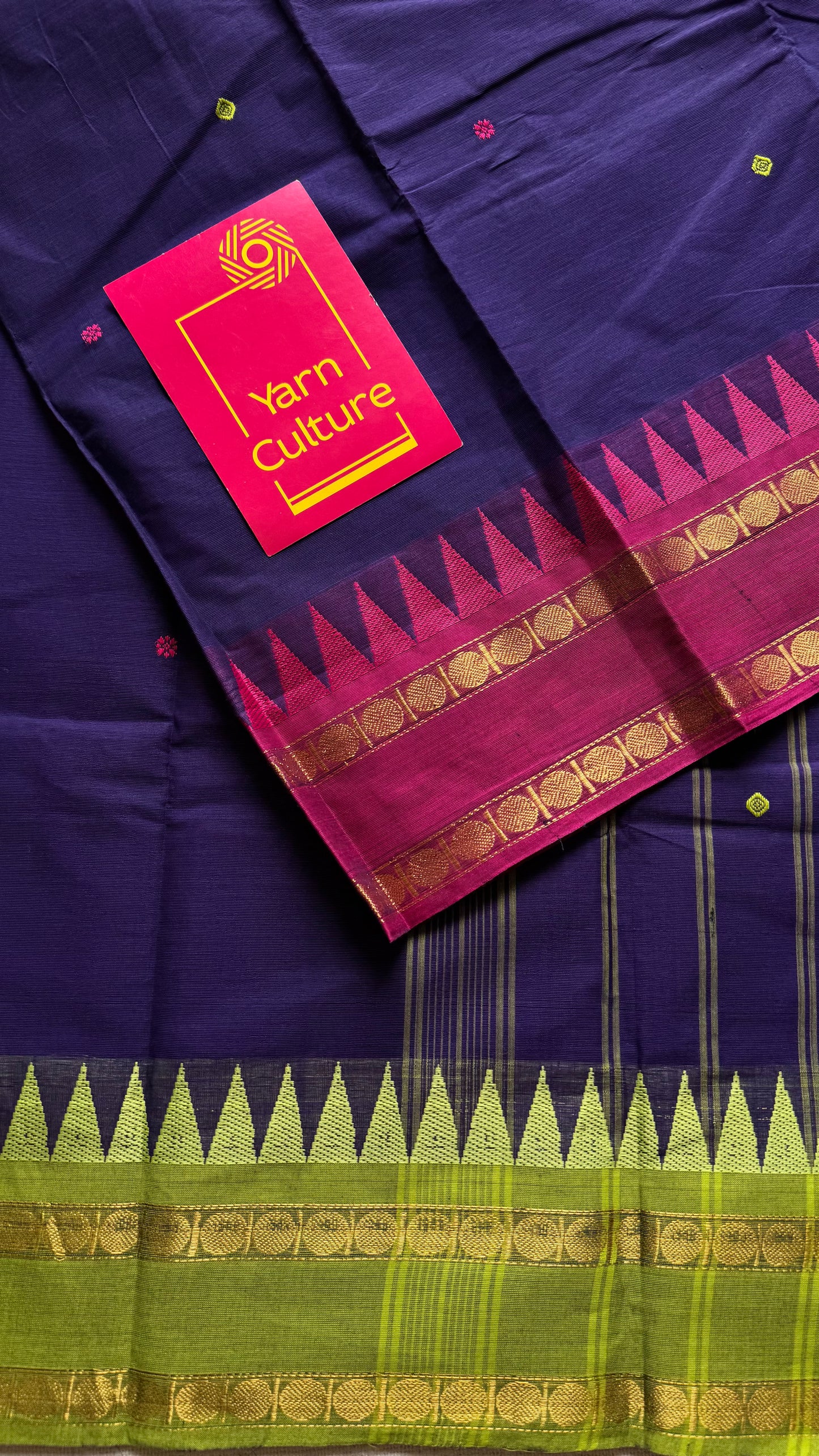 Kanchi cotton saree, royal blue with magenta and lime green dual border - YCCOTNAP97