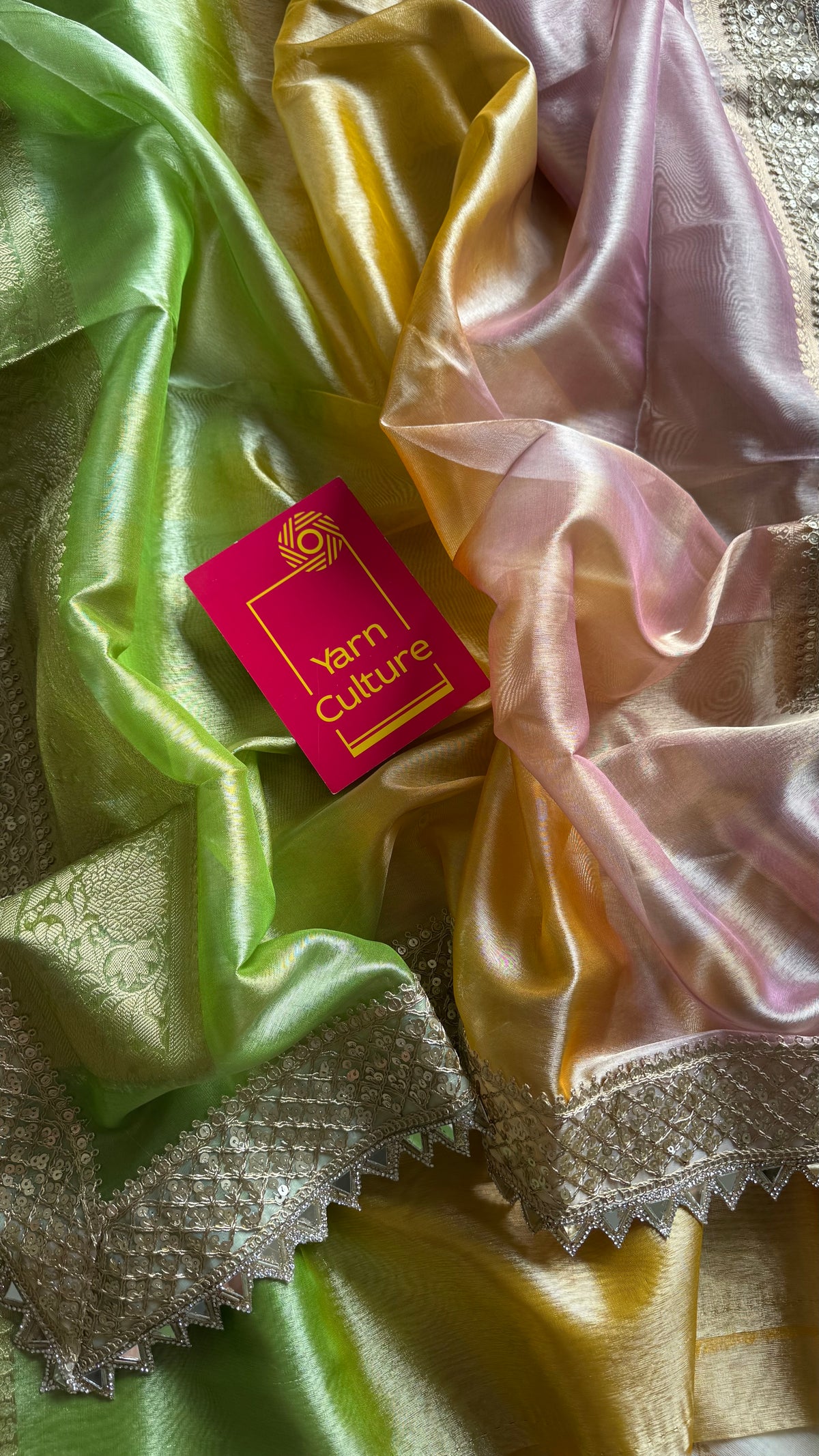 Pastel pink, green and yellow tissue Banarasi saree with embellished mirror border - YCBLTOC73