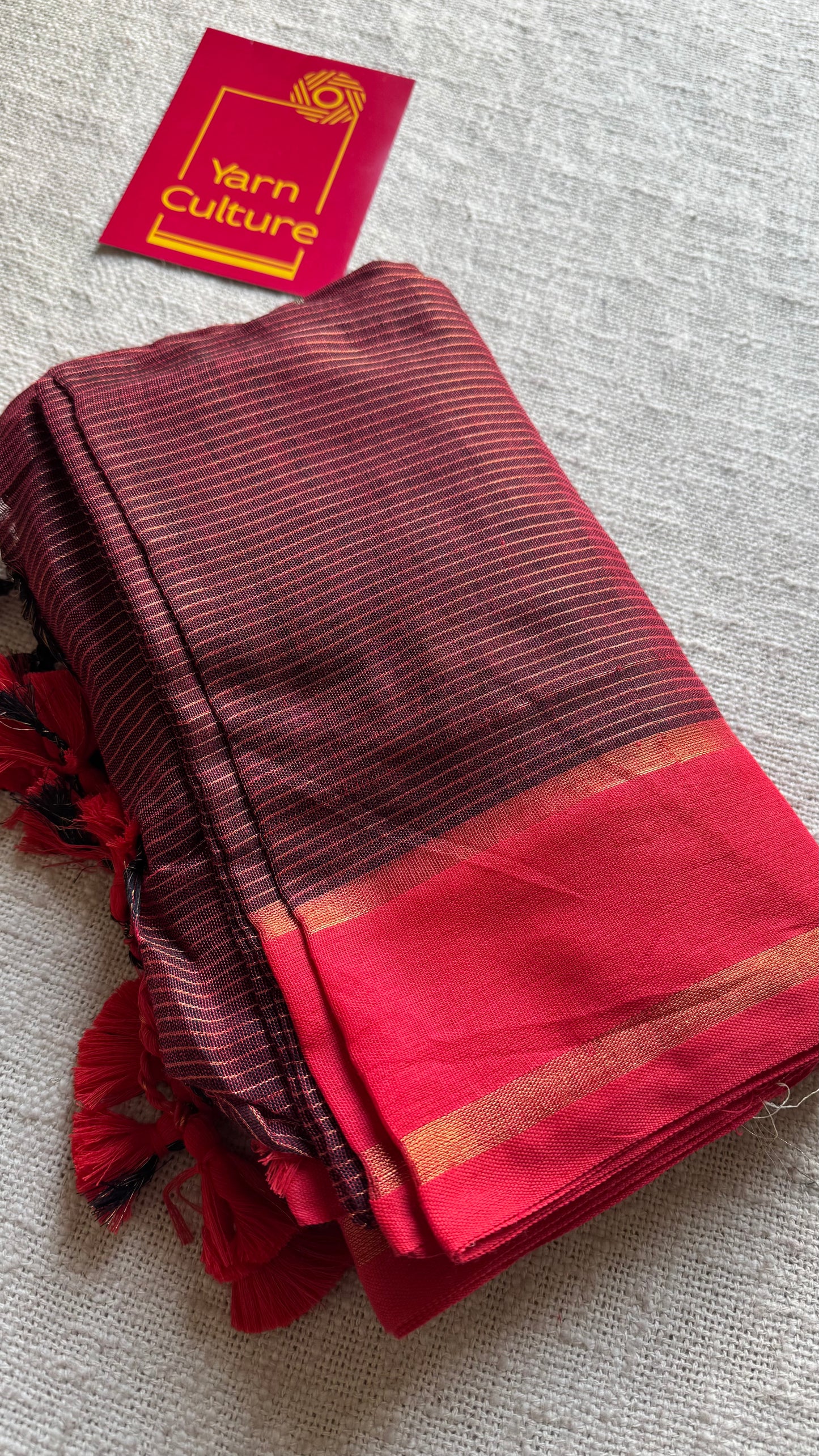 Maroon with red gap border, gold zari stripes, soft cotton - YCBCKCZDE131