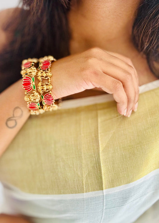Dark pink with green lotus bangles (set of 2) - YCAGBG98