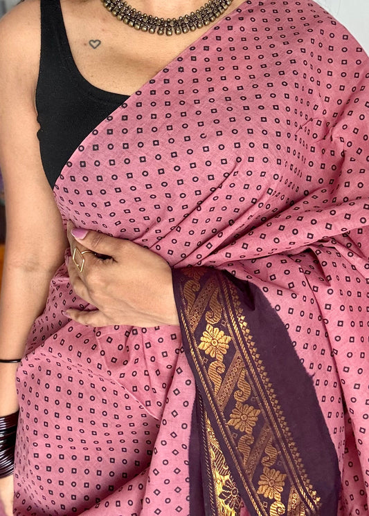 Dusty pink with purple brown, kattuchayam dyed madurai sungudi cotton saree - YCCOTNMSFE06