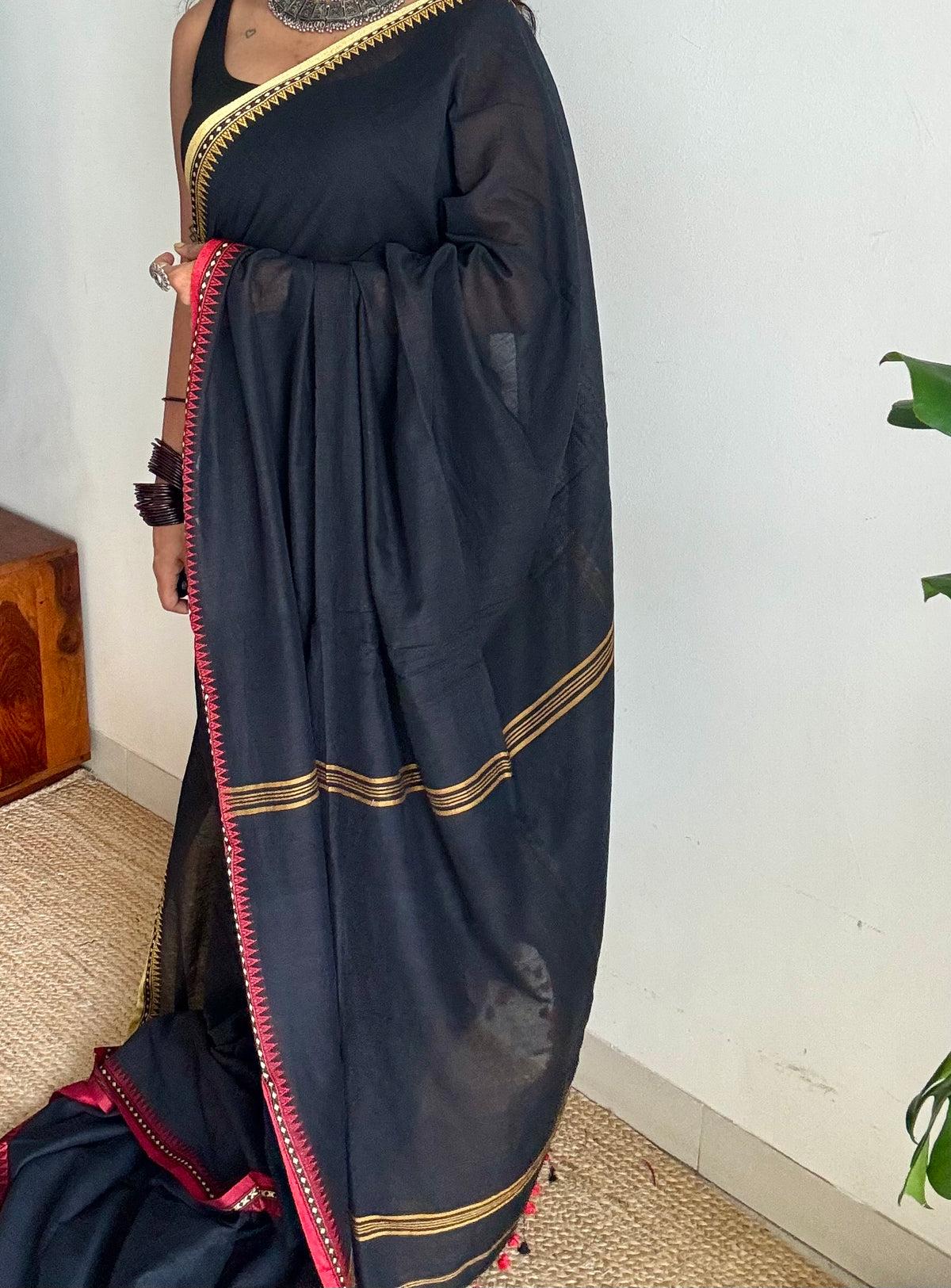 Handloom Bengal soft cotton saree, black with cream and red woven dual tone borders - YCBCMCSE42