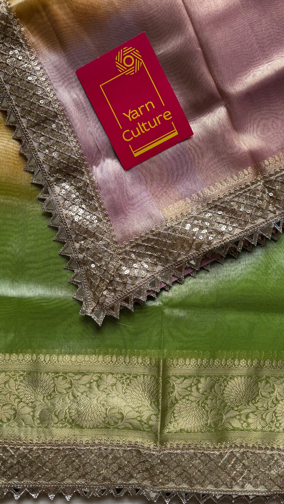 Pastel pink, green and yellow tissue Banarasi saree with embellished mirror border - YCBLTOC73