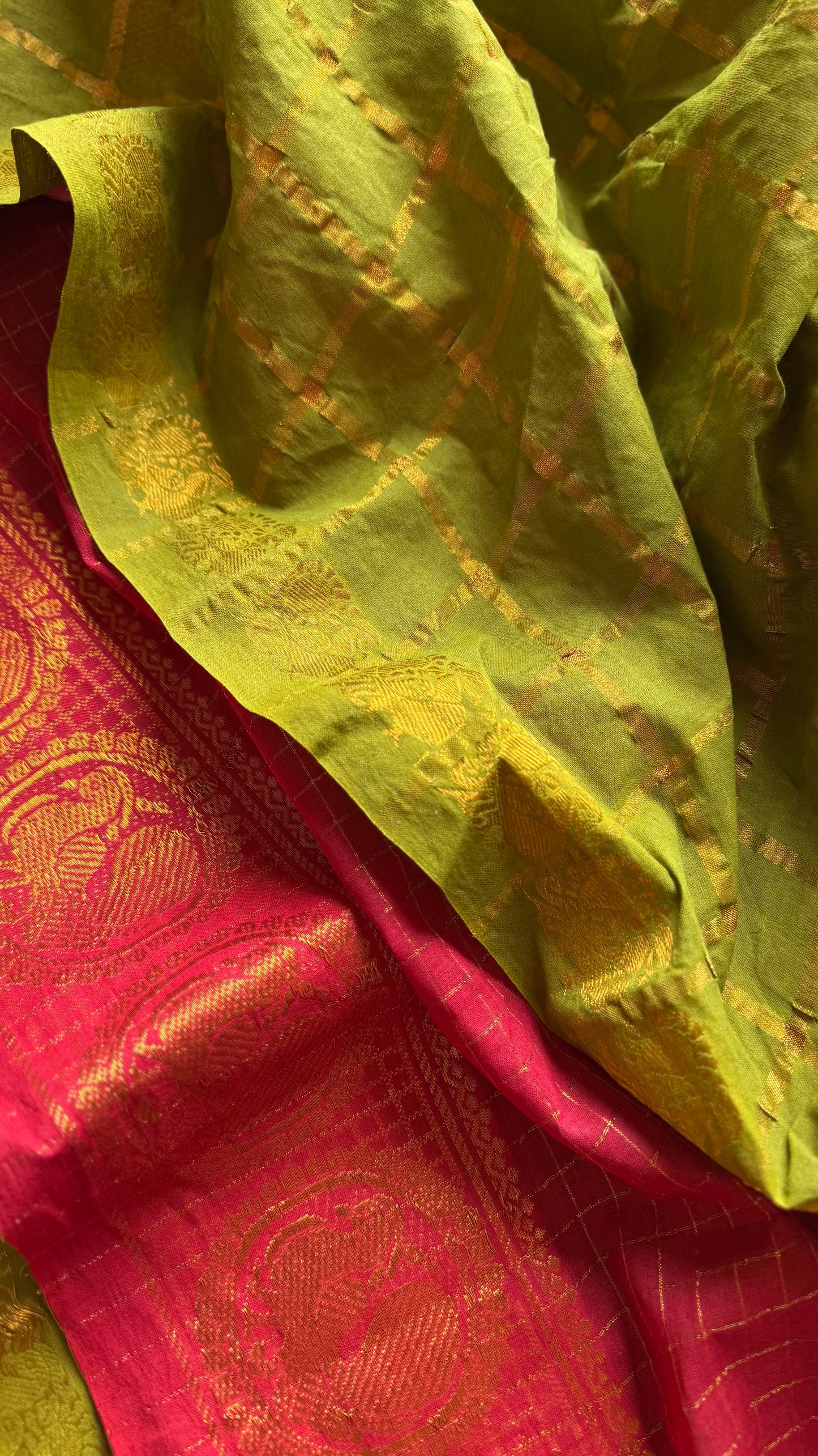 Green with chilli red checks, sungudi cotton half-half saree - YCCOTNIDMA282