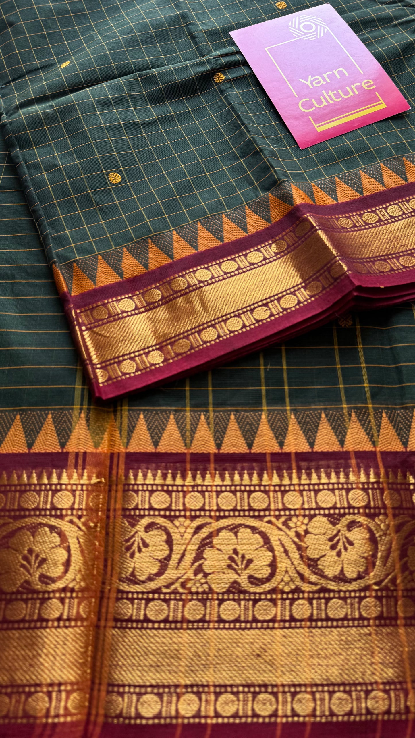 Dark green Kanchi cotton saree with checks, woven buttas and red zari border - YCCOTNCCFE161