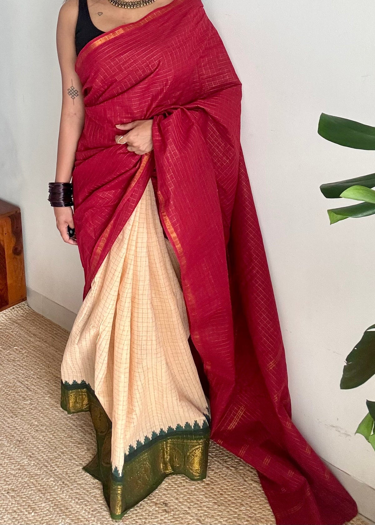 Red with cream and green, sungudi cotton half-half saree - YCCOTNIDOC12