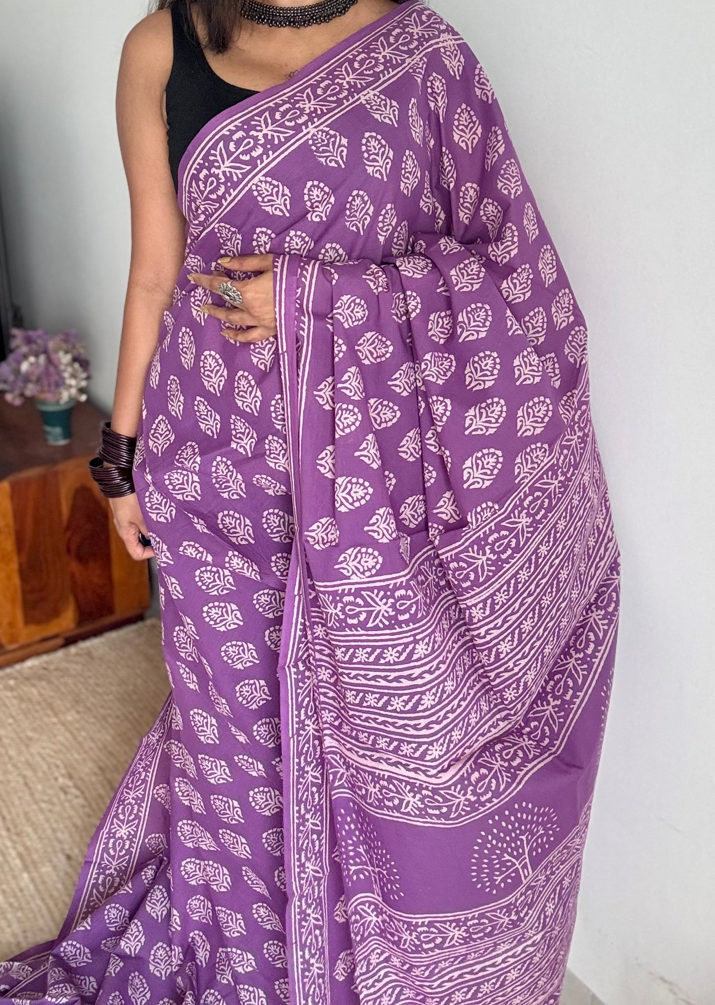 Purple with off white floral block printed soft cotton saree - YCTORCMA17