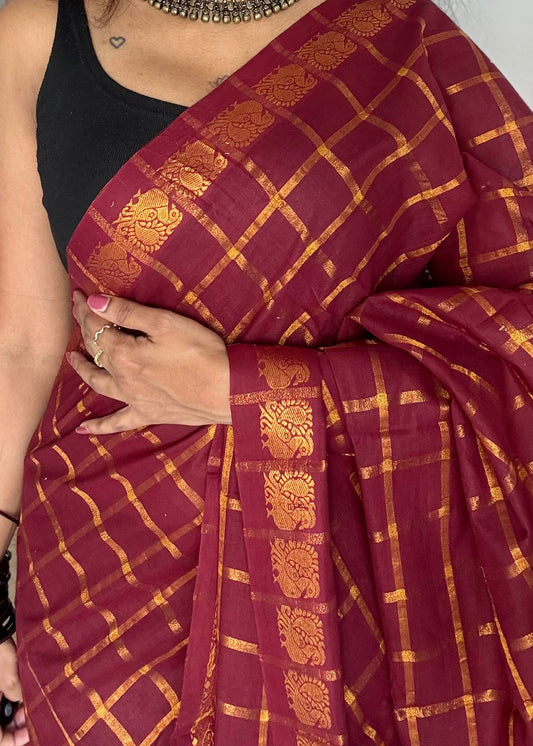 Maroon pavithra kattam kattuchayam dyed madurai cotton saree - YCCOTNMSAP207