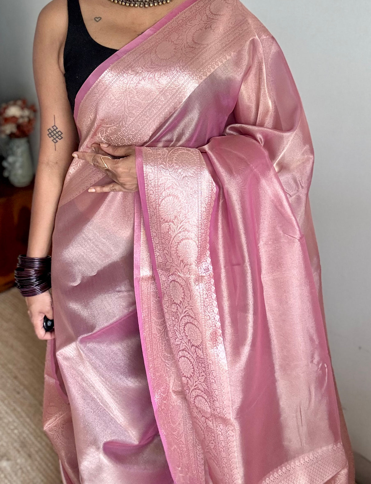 Pink tissue Banarasi saree with zari border - YCBLTOC90