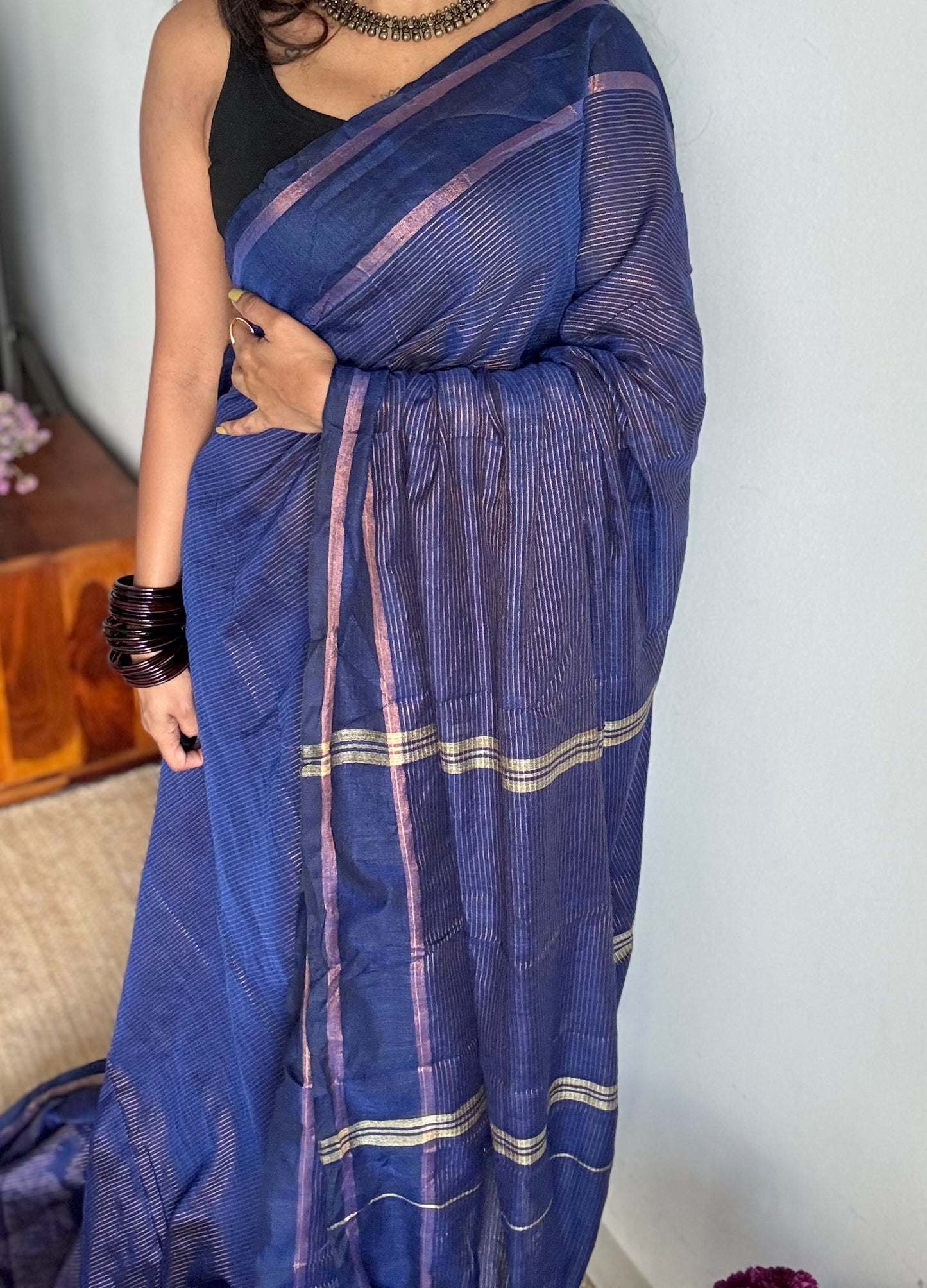 Dark indigo blue, gap border, antique gold zari stripes, soft cotton - YCBCKCZDE122