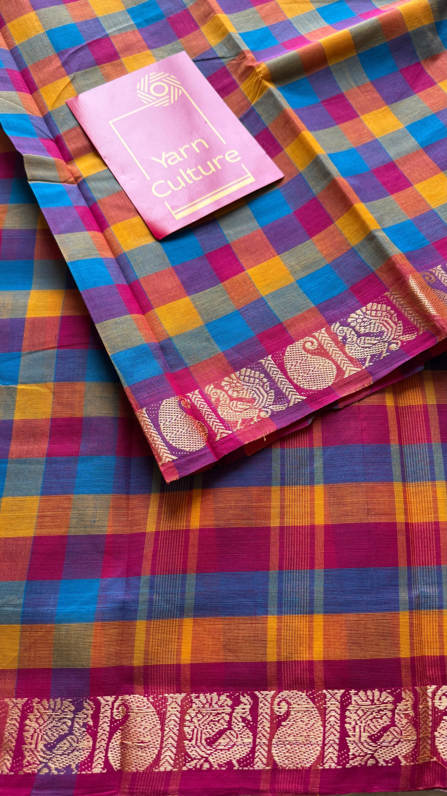 Multicolour Chettinad cotton saree with Paalum Pazhamum checks (pink, blue, orange, yellow)- YCCOTNJUCC01