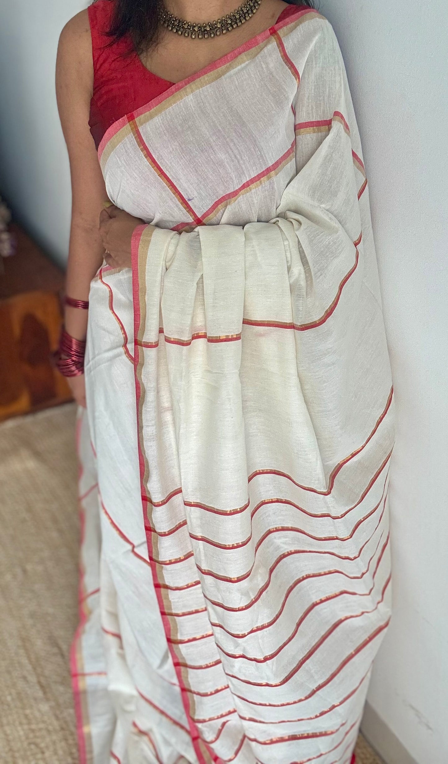 Cream with red and gold stripes, soft cotton silk - YCBCDP16