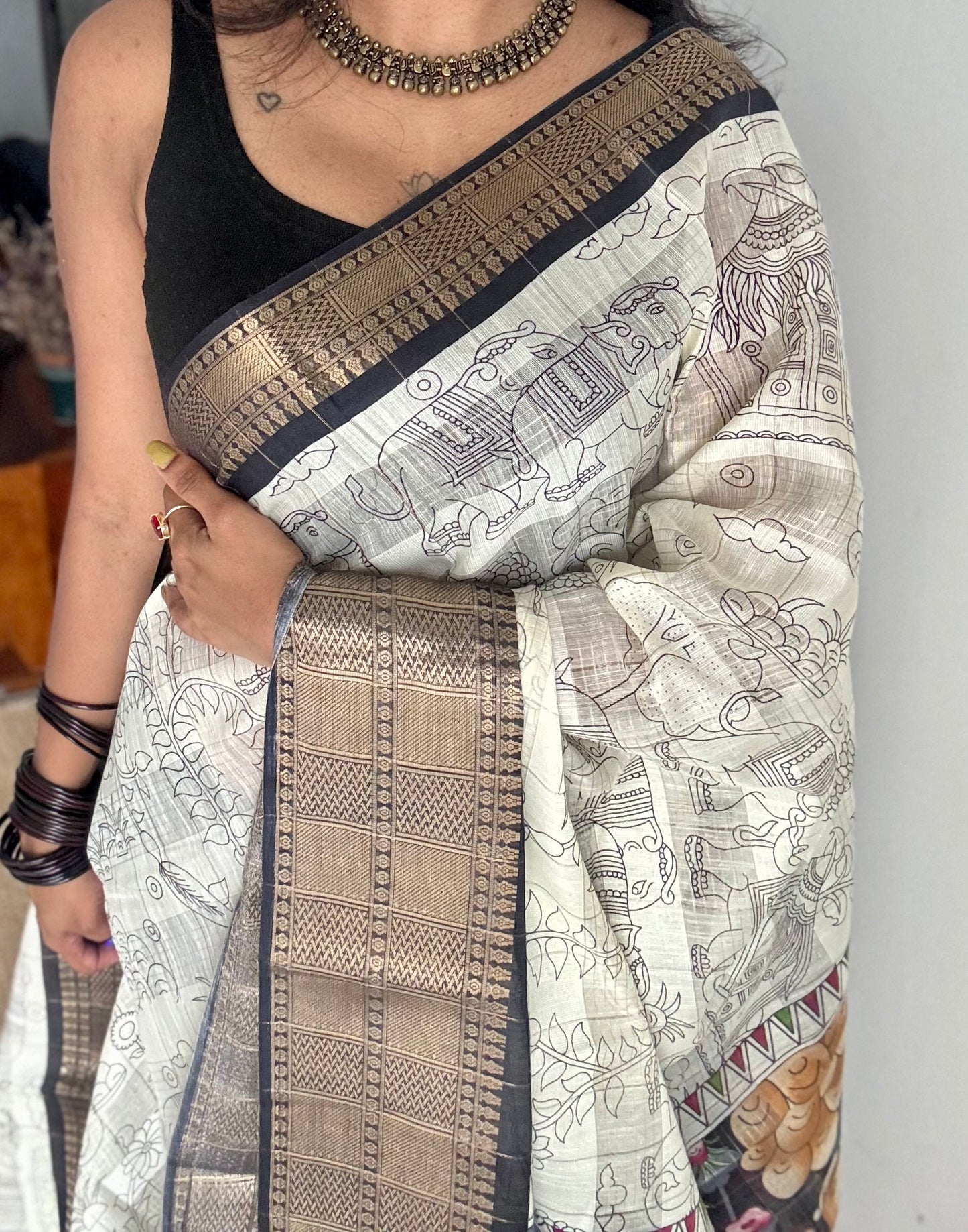 Off white and black, printed kalamkari, semi-tussar - YCWOTDSTK08