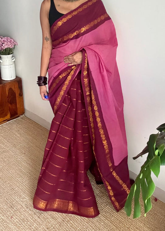 Dusty pink with maroon, cotton half and half saree - YCCOTNIDOC150