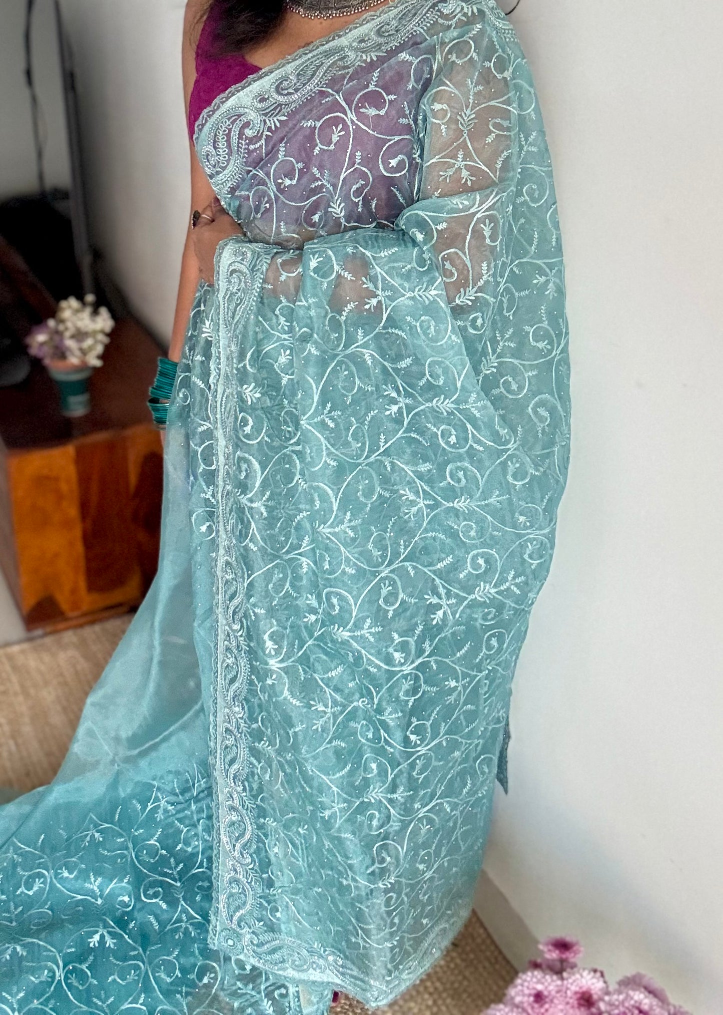 Aqua Aura - soft blue organza, with threadwork and sequins - YCDOSNO33