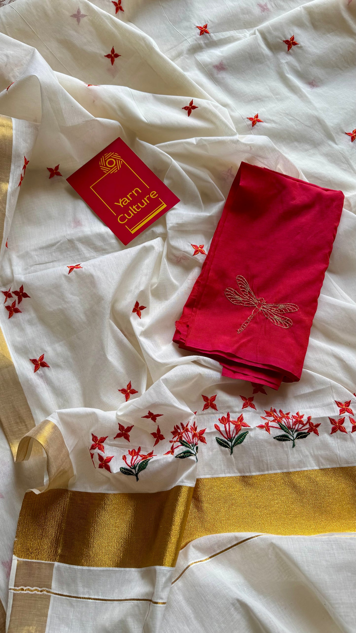 Nandana : Chethi/Thechi - orange red floral embroidery, ivory & gold, soft cotton - YCIEON165