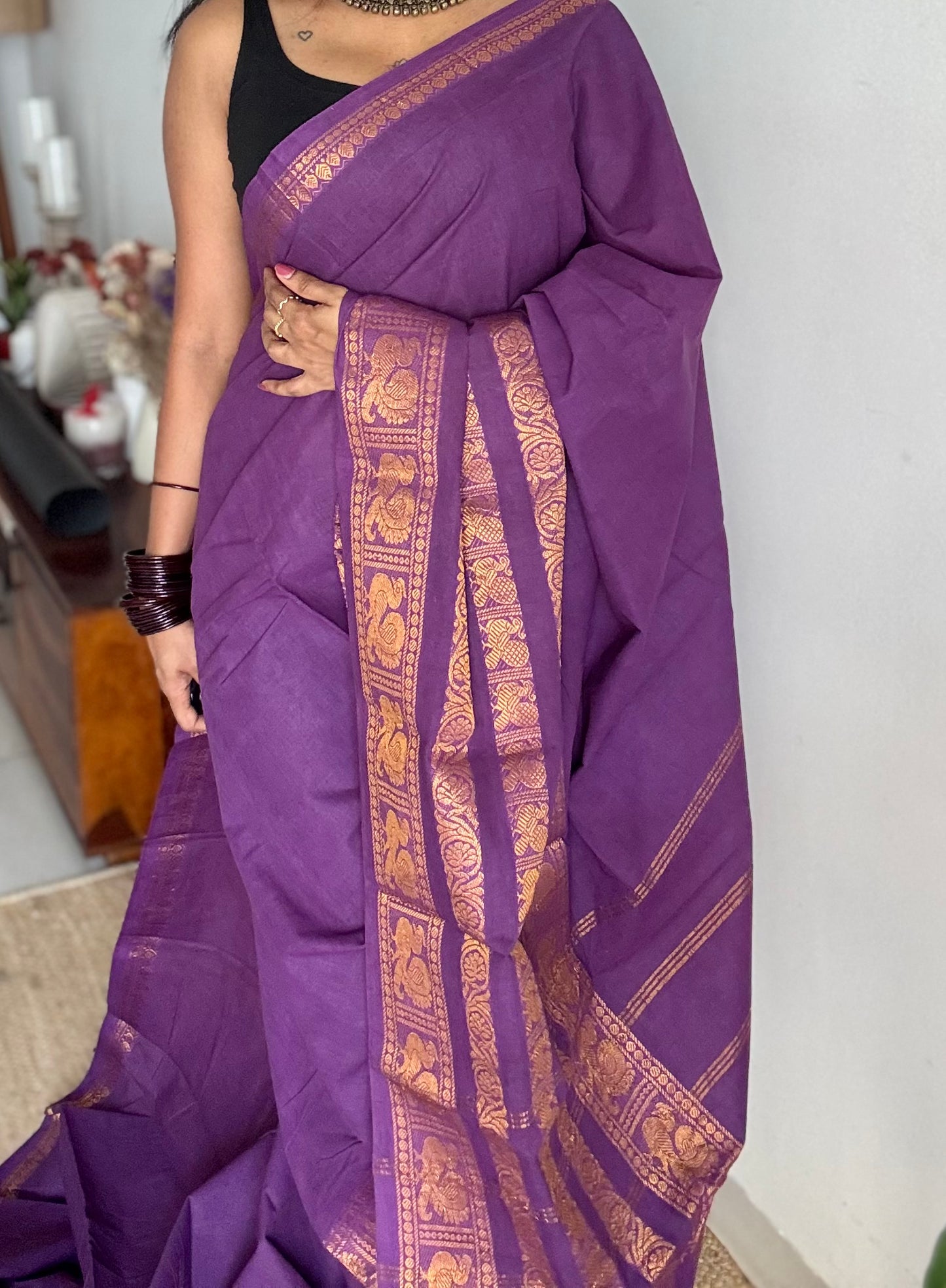 Purple long border sungudi, kattuchayam dyed madurai cotton - YCCOTNMSAP133