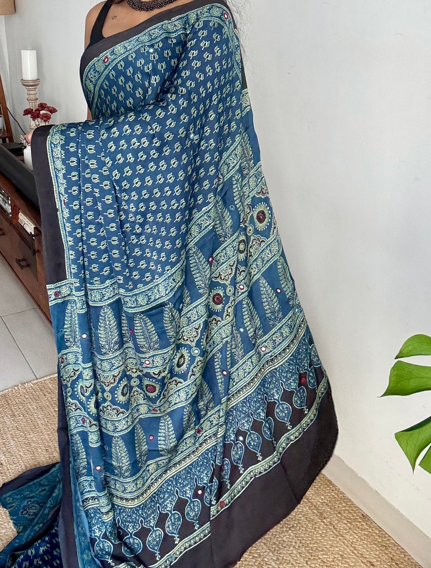 Indigo pure modal silk saree with ajrakh handblock print and mirror work - YCTOKAJM339