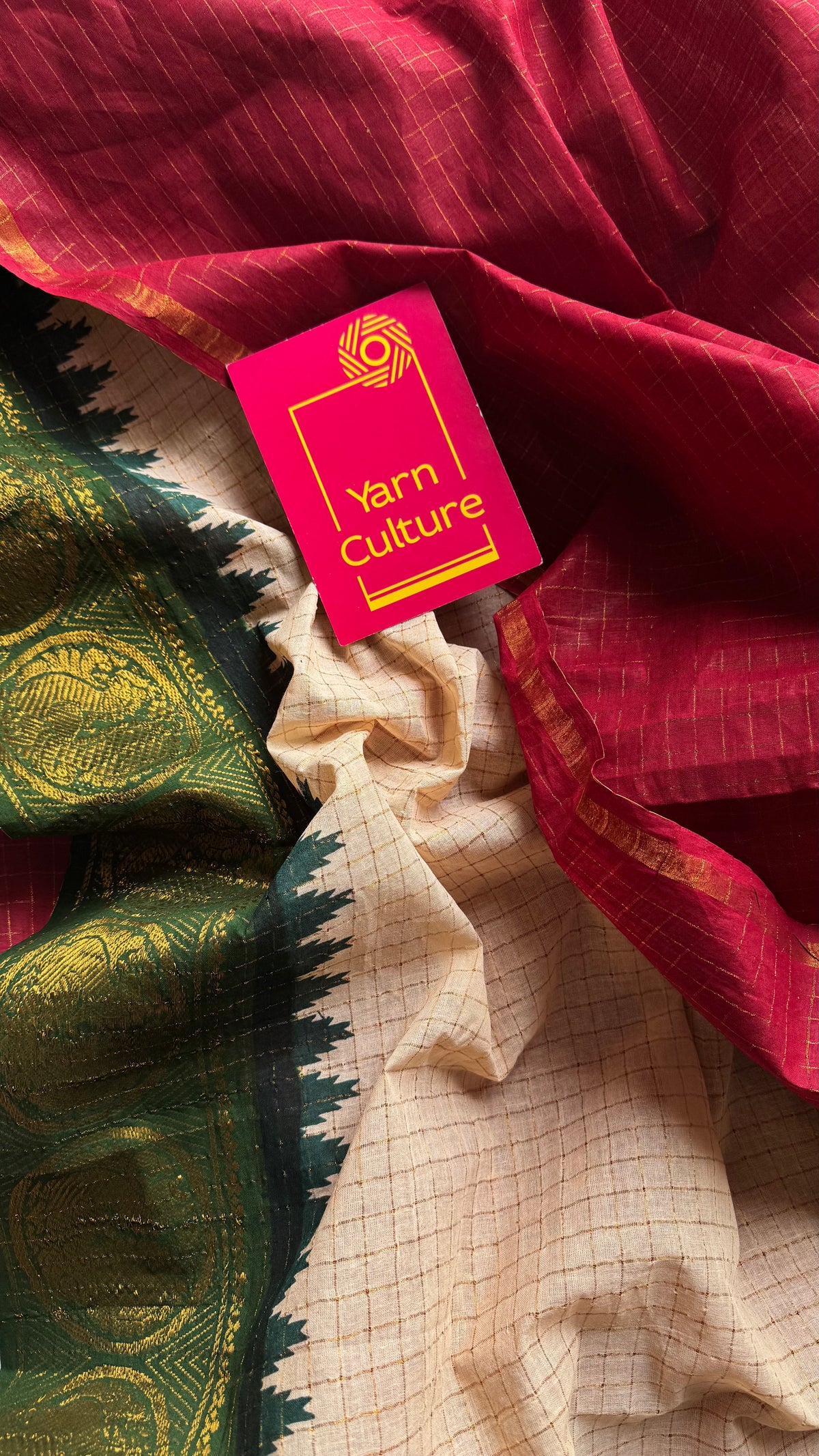 Red with cream and green, sungudi cotton half-half saree - YCCOTNIDOC12