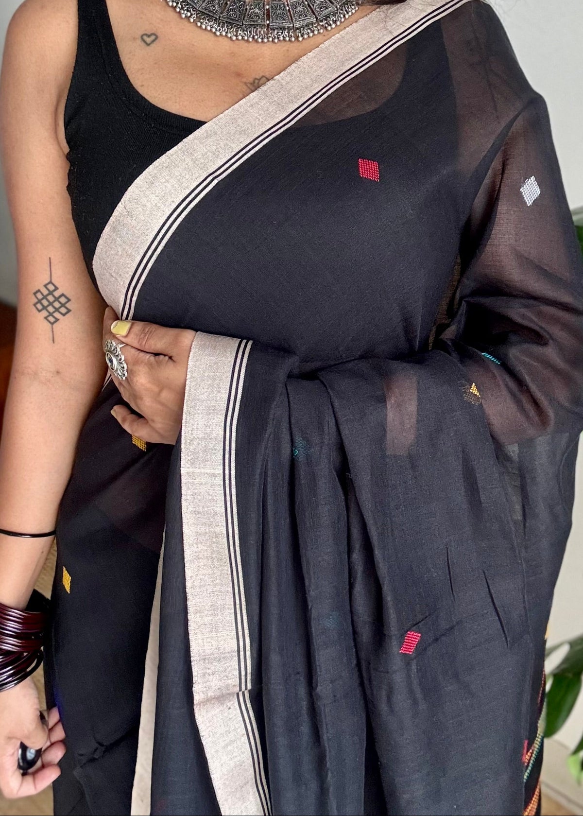 Handloom Bengal soft cotton saree, black with woven buttas and beige borders - YCBCMCSE37