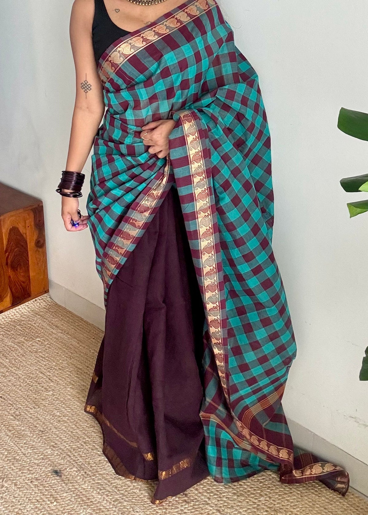 Turquoise multi checks with brown, sungudi and chettinad cotton half-half saree - YCCOTNIDOC35