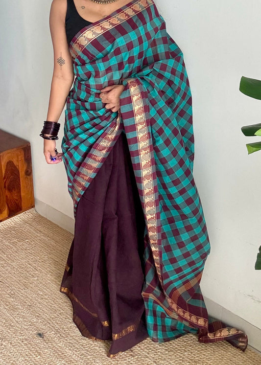 Turquoise multi checks with brown, sungudi and chettinad cotton half-half saree - YCCOTNIDOC35