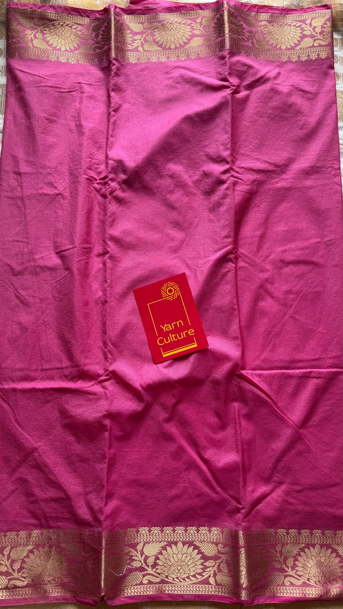 Pink, semi crepe silk saree with antique gold floral border - YCLOKOC55