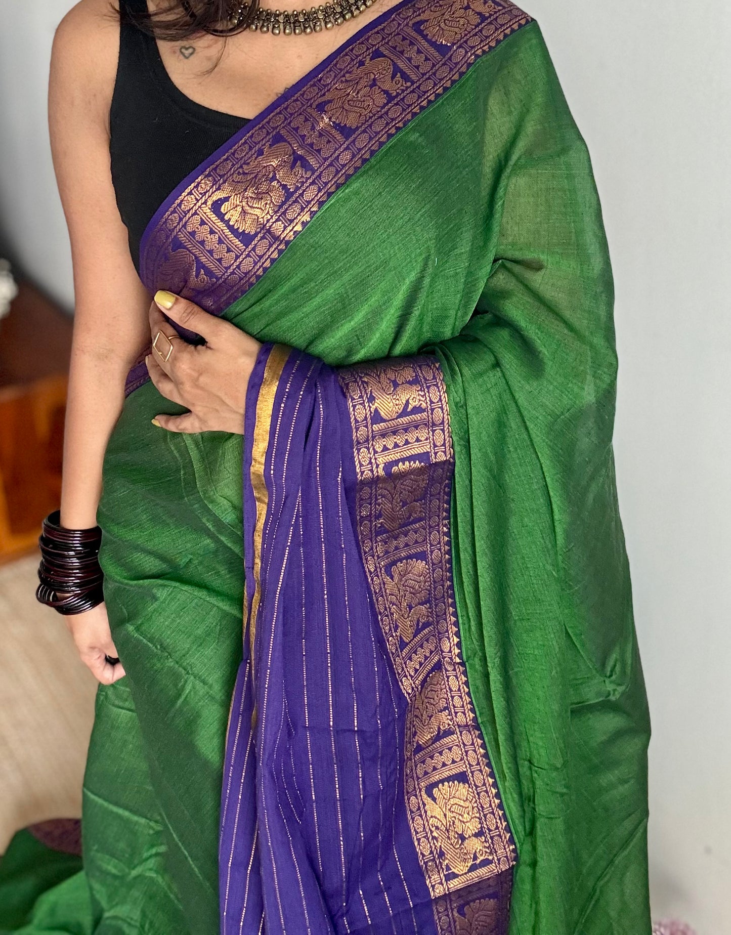 Green with blue border, premium narayanpet soft cotton - YCWOTDNPFE27